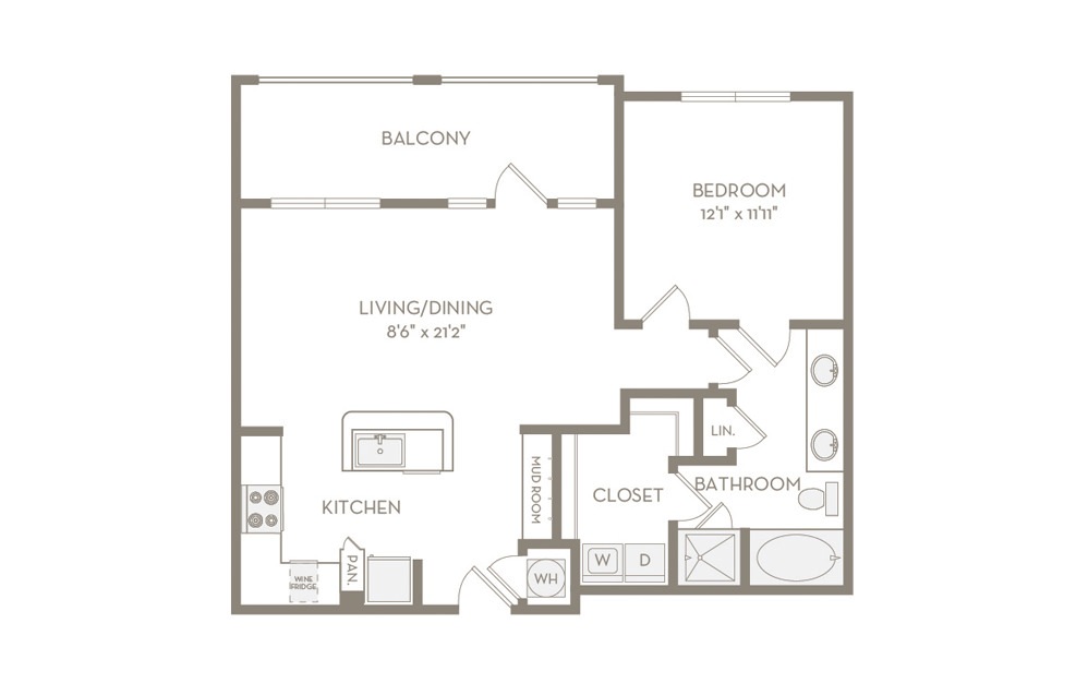 A5 - 1 bedroom floorplan layout with 1 bath and 826 square feet.