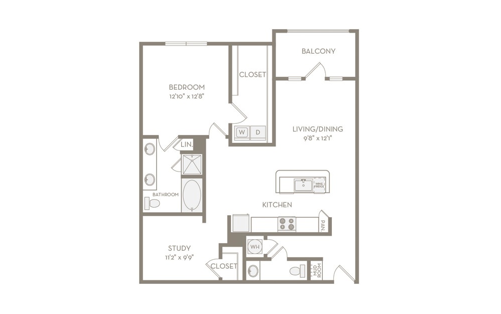 A8 - 1 bedroom floorplan layout with 1.5 bath and 1050 square feet.