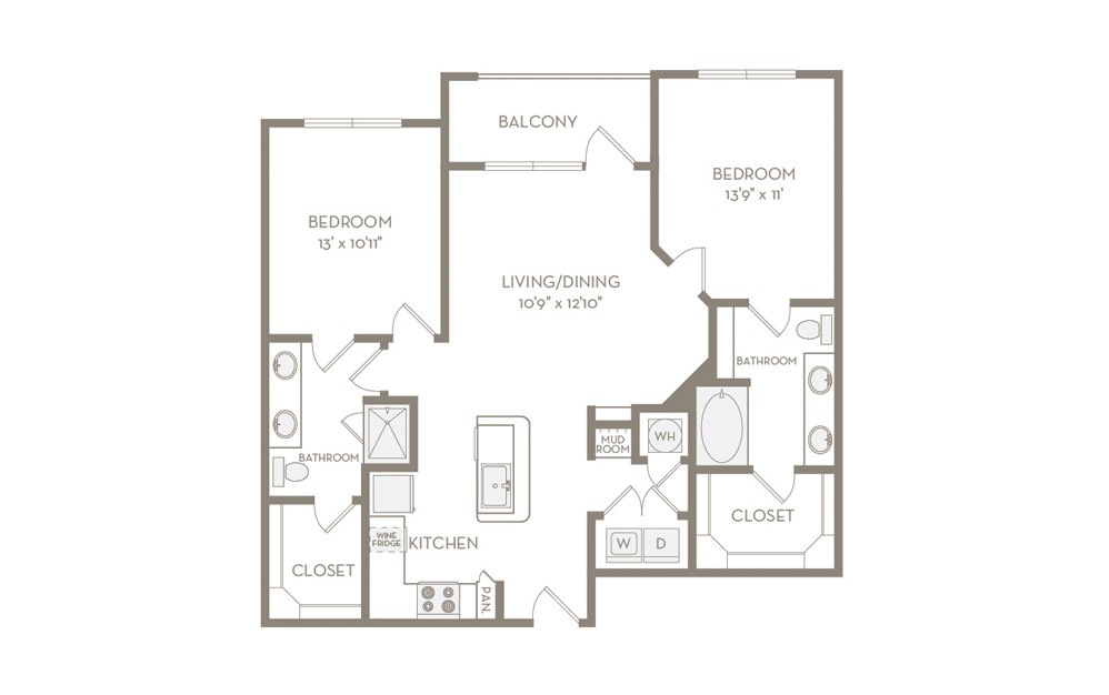 B1 - 2 bedroom floorplan layout with 2 baths and 1084 square feet.