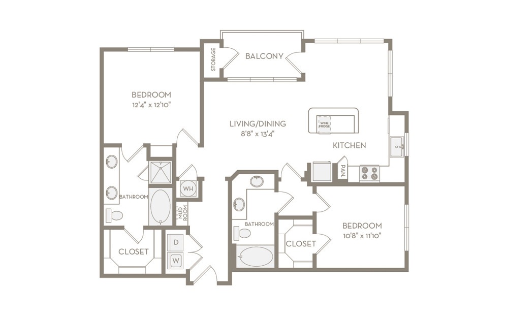 B2 - 2 bedroom floorplan layout with 2 baths and 1141 square feet. (Image 2)