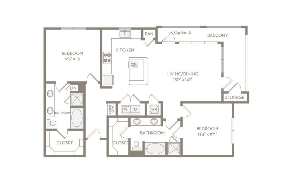 B3 - 2 bedroom floorplan layout with 2 baths and 1275 square feet. (Image 2)