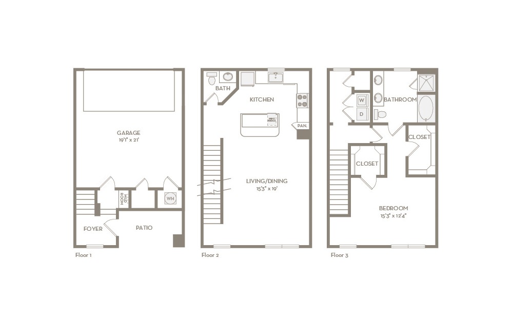 TH1 - 1 bedroom floorplan layout with 1.5 bath and 1309 square feet.