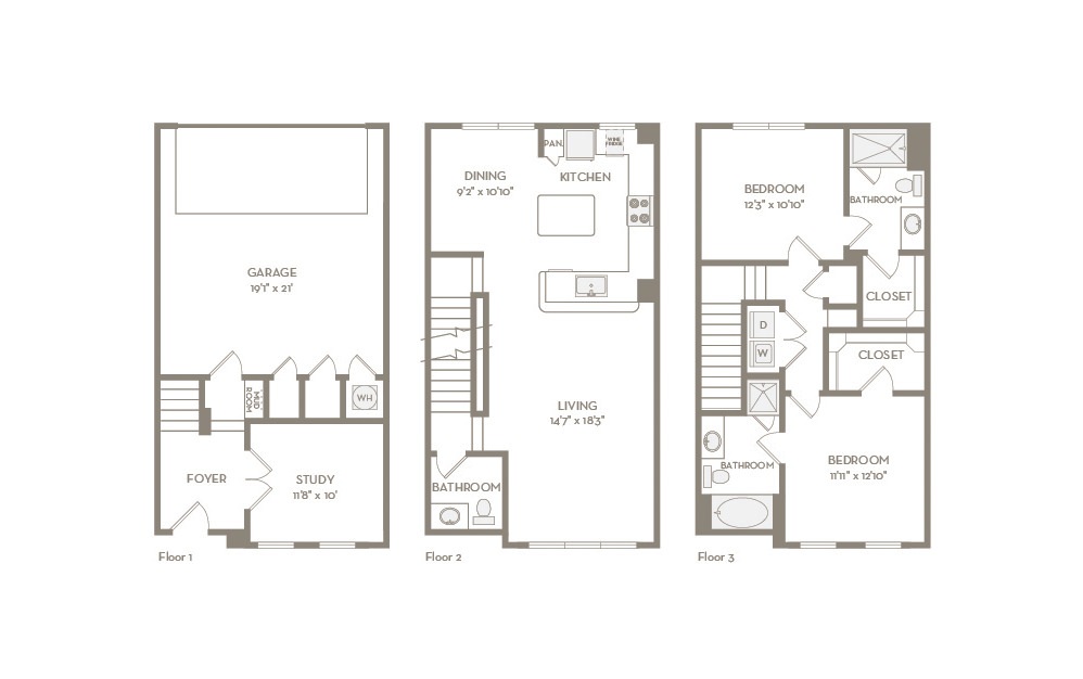 TH3 - 2 bedroom floorplan layout with 2.5 baths and 1601 square feet. (Image 2)
